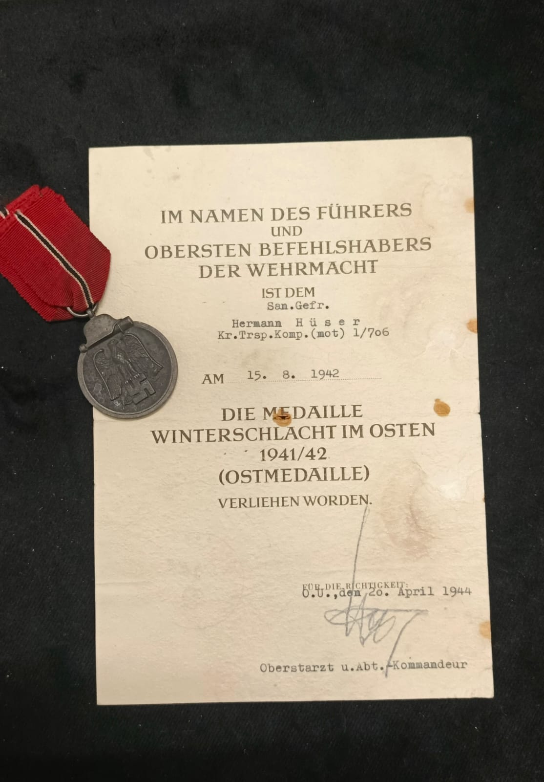Medal for the Eastern Front with award.
