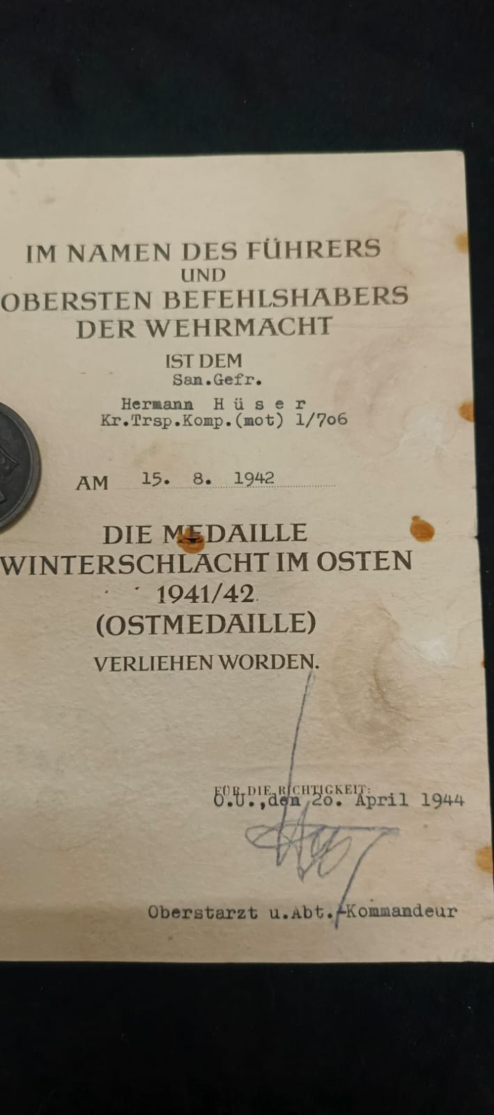 Medal for the Eastern Front with award.